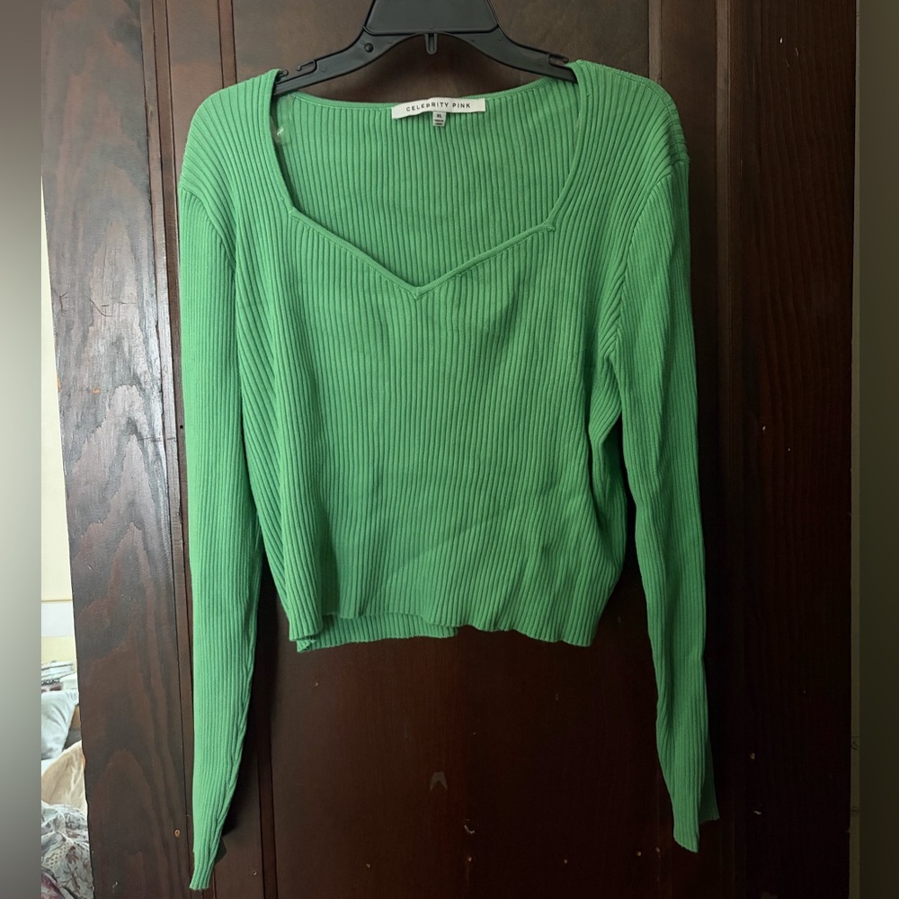“Celebrity Pink” Bright Green Ribbed V-Neck Long Sleeve Top